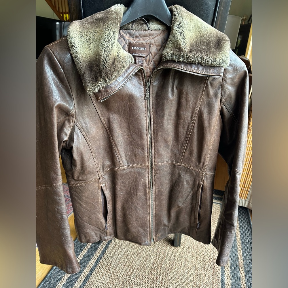 Danier Brown Leather Jacket with Luxurious Faux Fur Trim